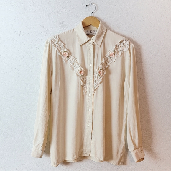 Vintage Cream Floral Lace 90s Rose Applique Long Sleeve Button Coquette Blouse - Picture 2 of 15